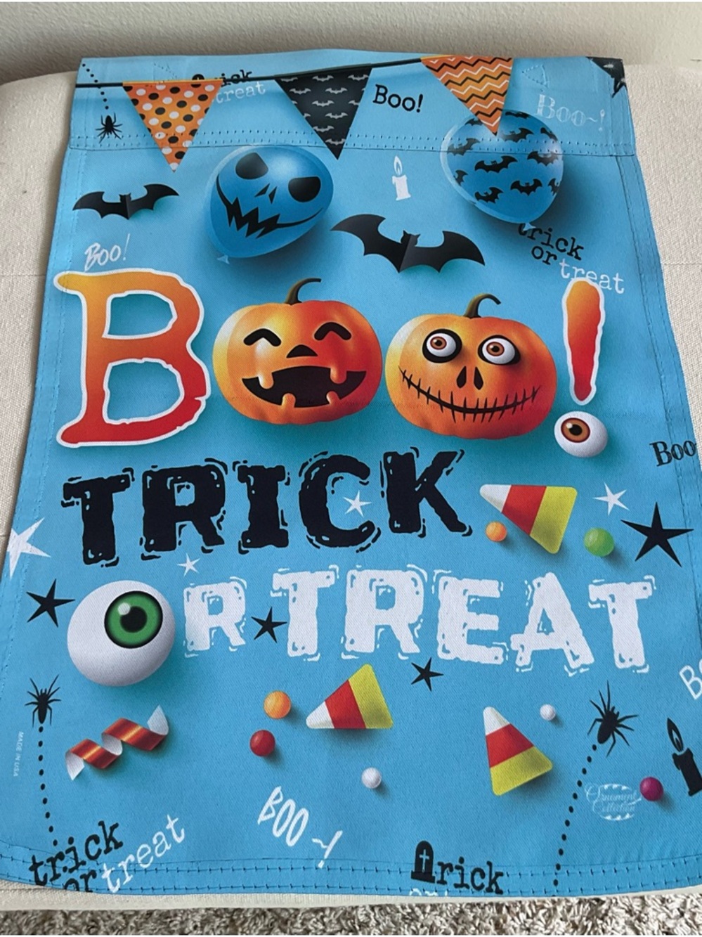 Halloween 'Boo! Trick or Treat' Decorative Garden Flag - Blue Pumpkin Design